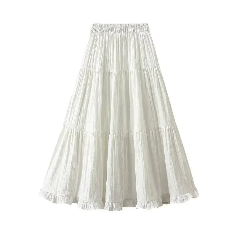 Women Pleated Skirt Patchwork Ruffled - A-Line Midi Women Skirt