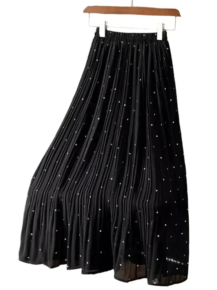 Women Pleated Skirt Polka Dot Chiffon - High Waist Midi Women Skirt