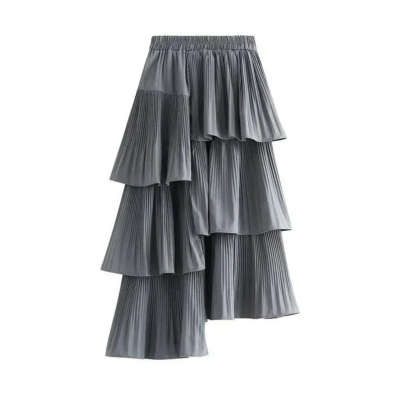 Women Pleated Skirt Ruffled Asymmetric - High Waist Midi Women Skirt