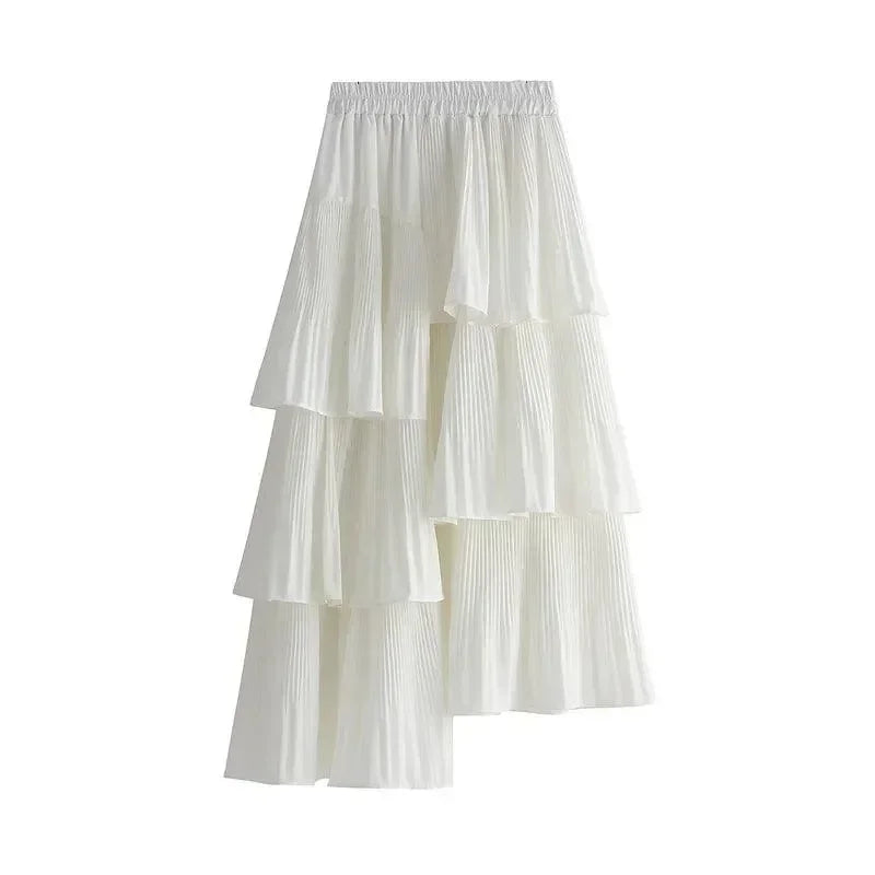 Women Pleated Skirt Ruffled Asymmetric - High Waist Midi Women Skirt