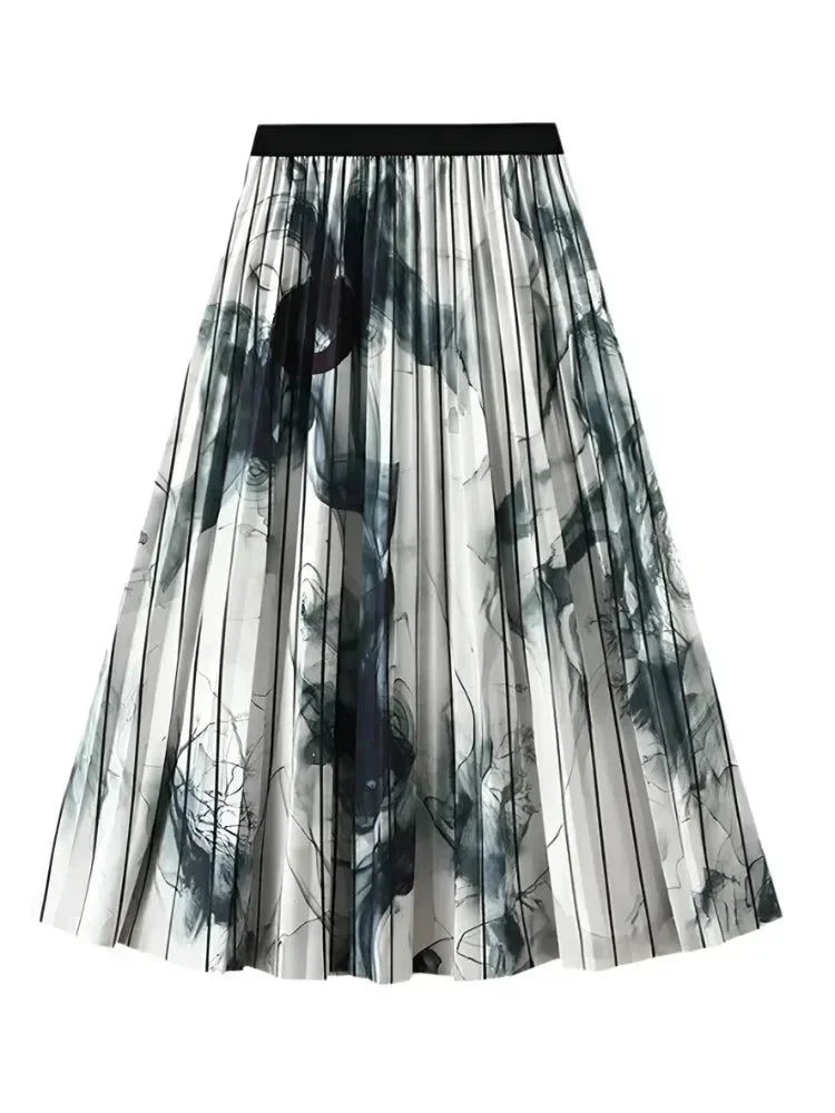 Women Pleated Skirt Vintage Ink Print - High Waist Midi Women Skirt