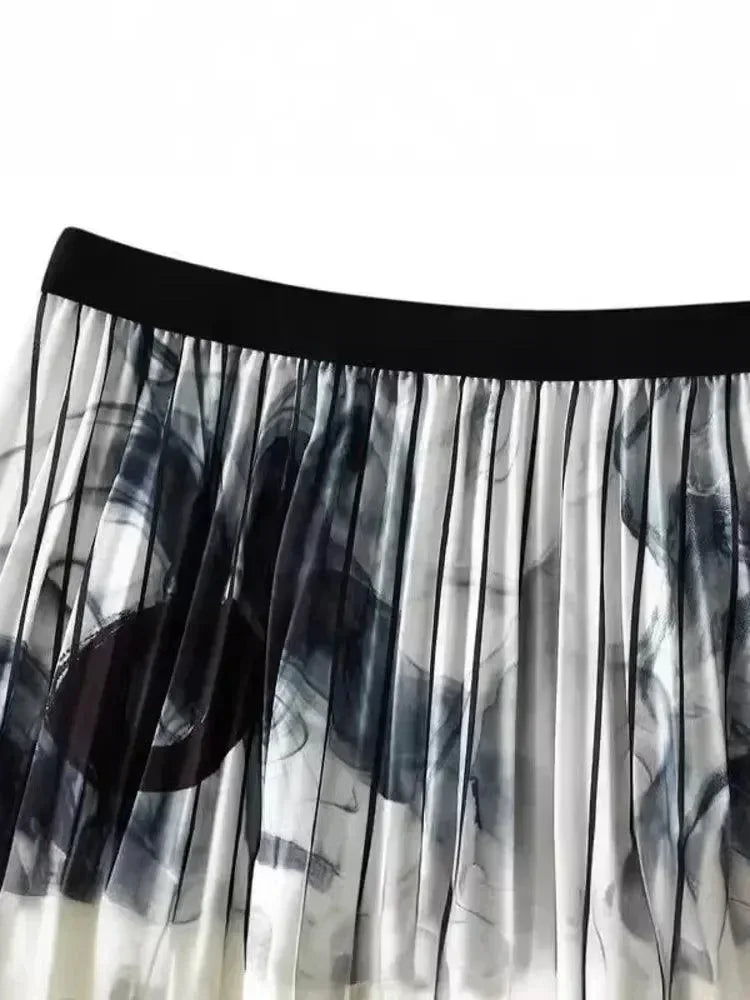 Women Pleated Skirt Vintage Ink Print - High Waist Midi Women Skirt