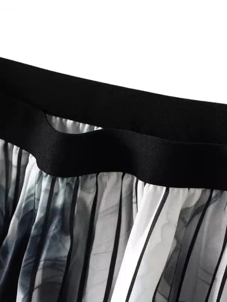 Women Pleated Skirt Vintage Ink Print - High Waist Midi Women Skirt