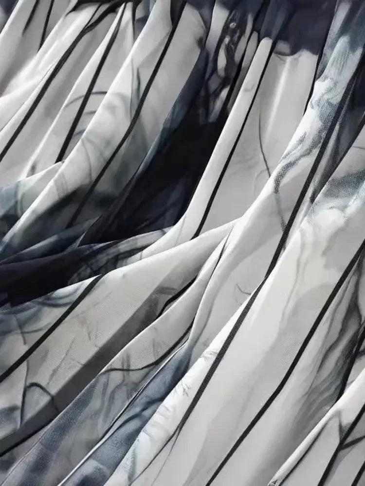 Women Pleated Skirt Vintage Ink Print - High Waist Midi Women Skirt