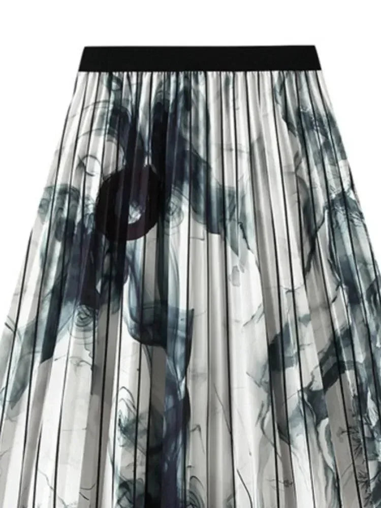Women Pleated Skirt Vintage Ink Print - High Waist Midi Women Skirt