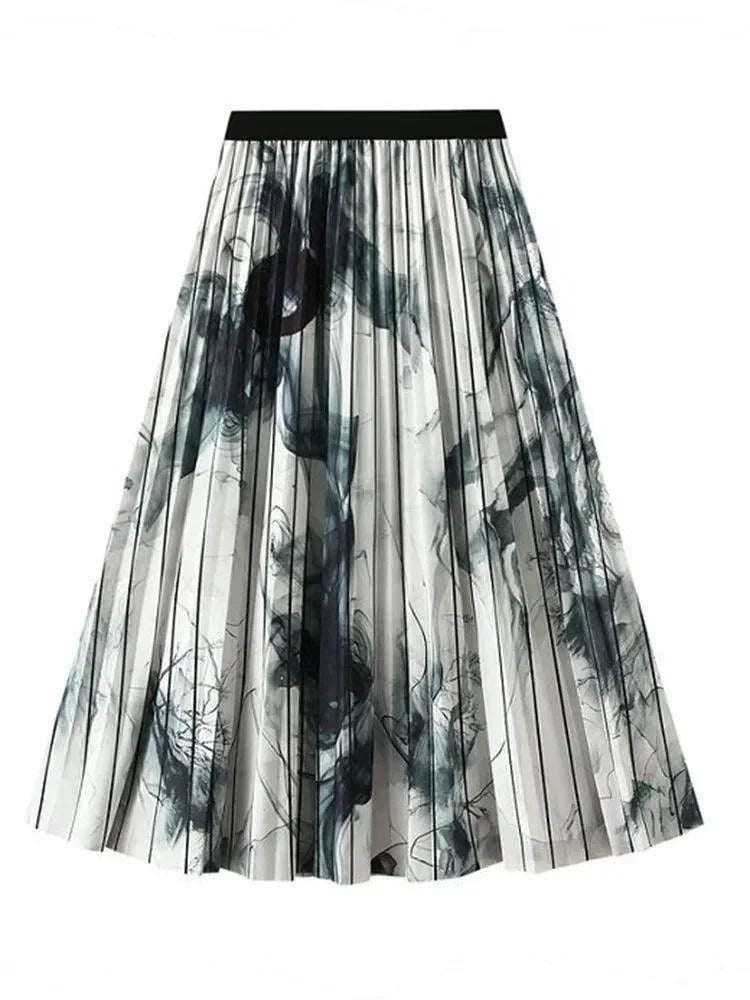 Women Pleated Skirt Vintage Ink Print - High Waist Midi Women Skirt
