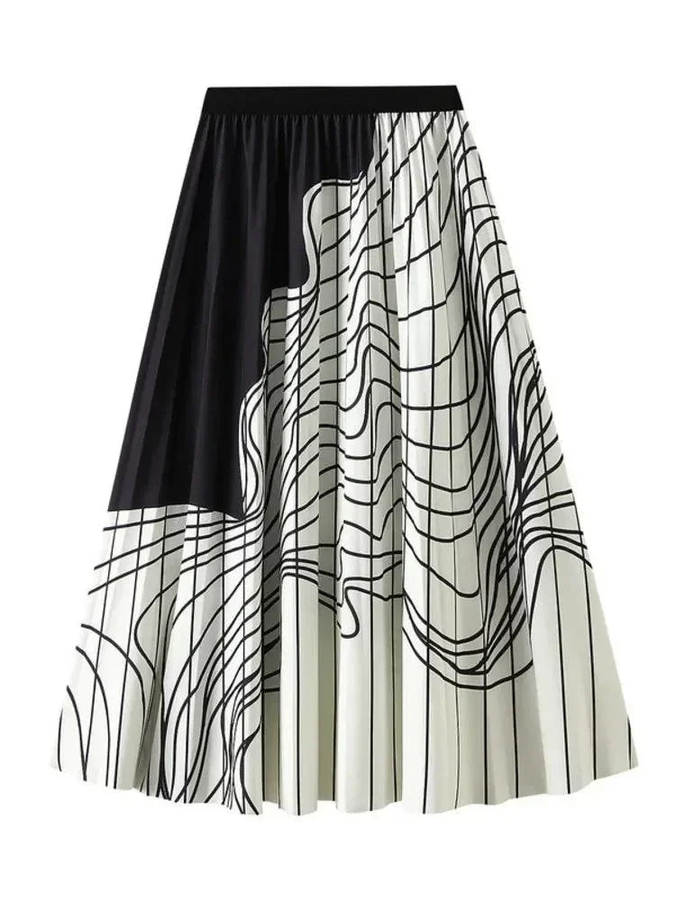 Women Pleated Skirt Vintage Striped - High Waist Midi Women Skirt