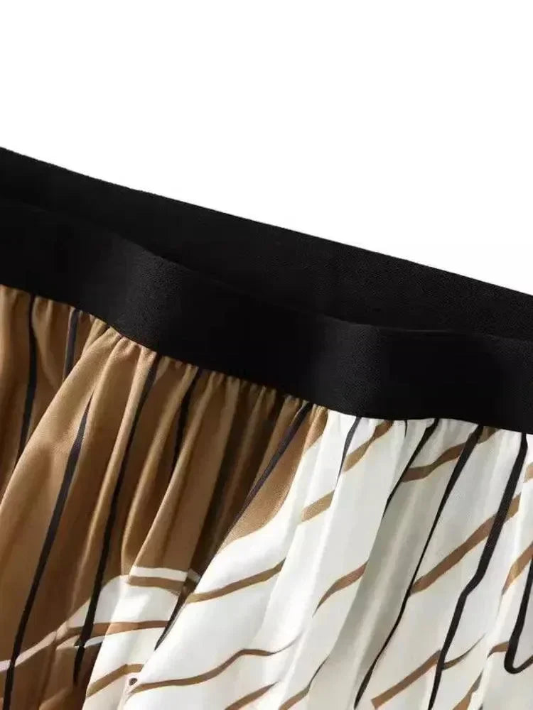 Women Pleated Skirt Vintage Striped - High Waist Midi Women Skirt