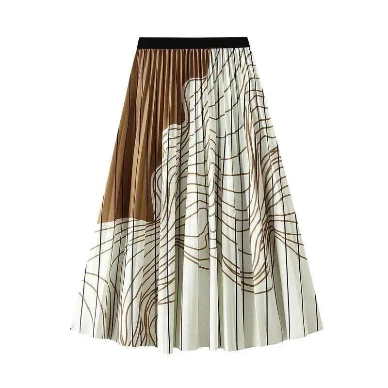 Women Pleated Skirt Vintage Striped - High Waist Midi Women Skirt
