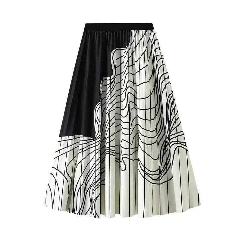 Women Pleated Skirt Vintage Striped - High Waist Midi Women Skirt