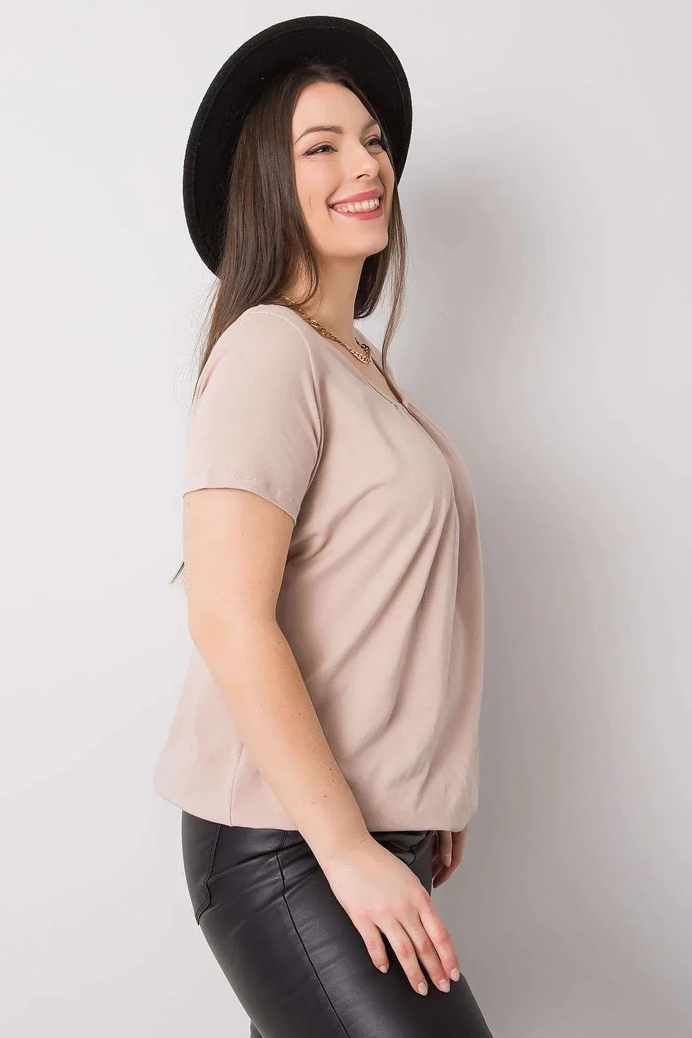 Women Round-Neck Short-Sleeves T-Shirt – Stretchable - Beige -Guocali