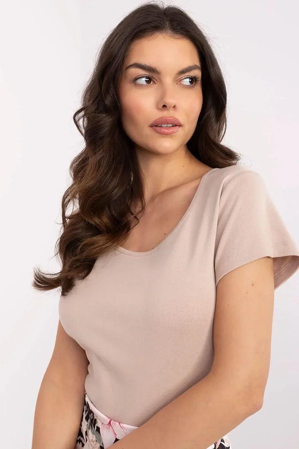 Women Round-Neck Short-Sleeves T-Shirt – Stretchable - Beige -Guocali