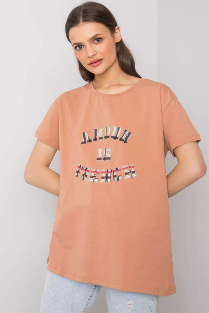 Women Round-Neck Short-Sleeves T-Shirt – Stretchable - Beige -Guocali