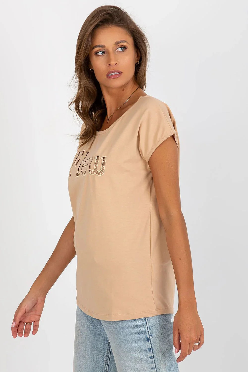 Women Round-Neck Short-Sleeves T-Shirt – Stretchable - Beige -Guocali