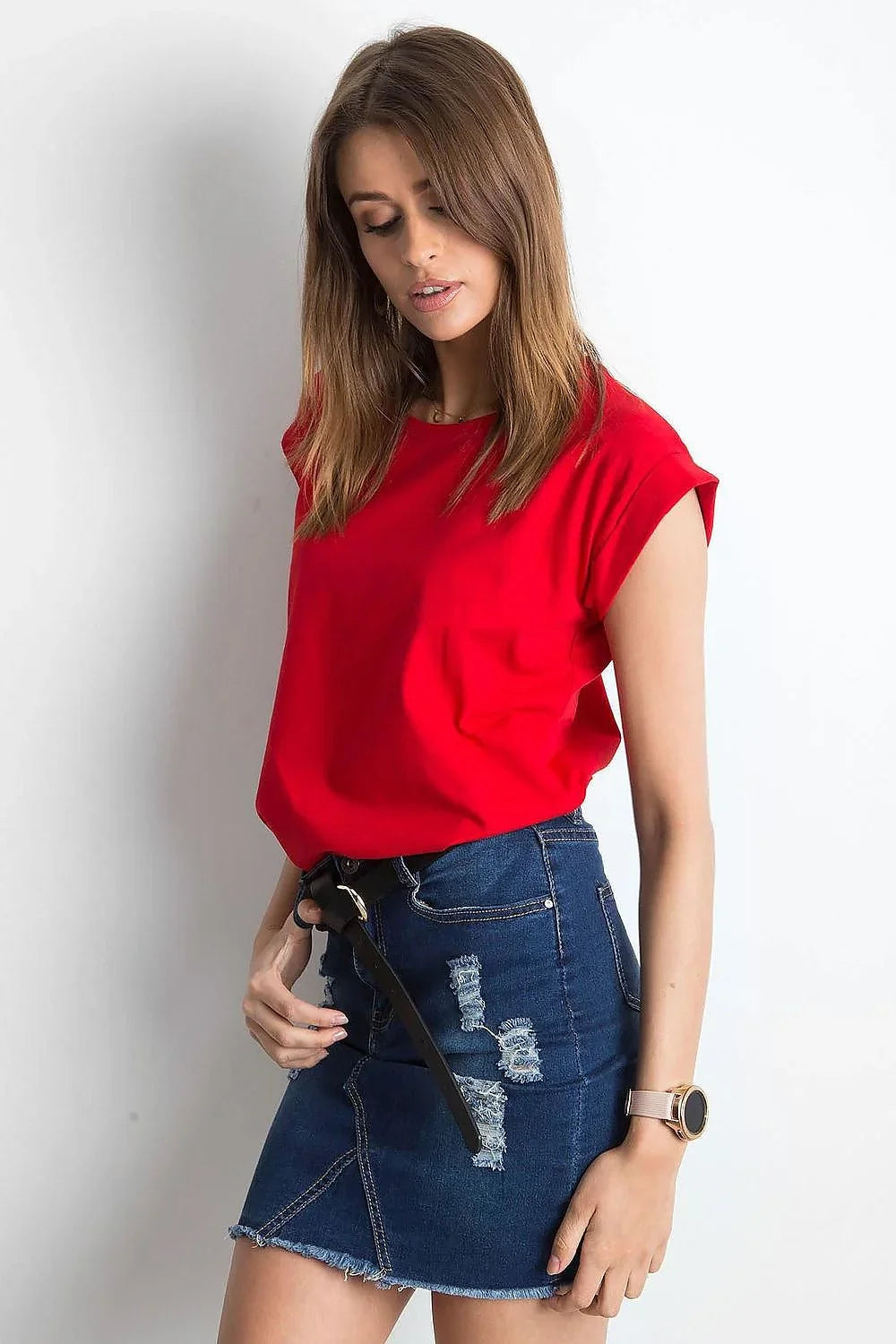 Women Round-Neck Short-Sleeves T-Shirt – Stretchable - Red -Guocali