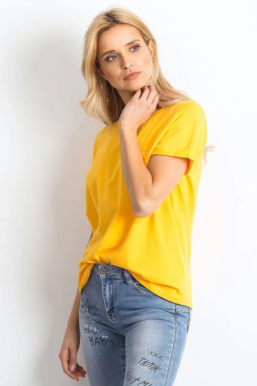 Women Round-Neck Short-Sleeves T-Shirt – Stretchable - Yellow -Guocali