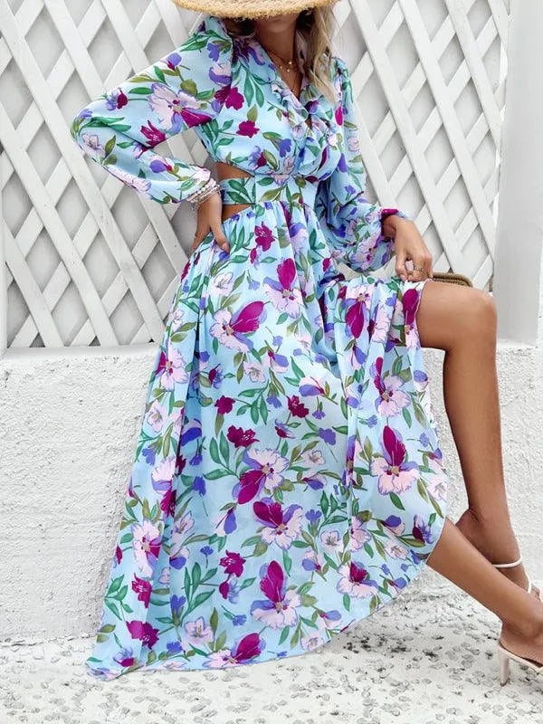 Women Ruffled Waist Printed Summer Dress -Guocali