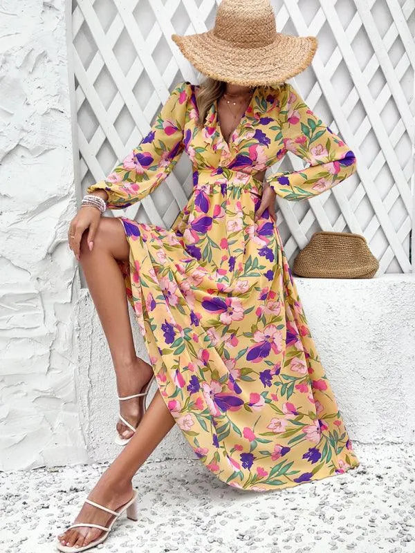 Women Ruffled Waist Printed Summer Dress -Guocali