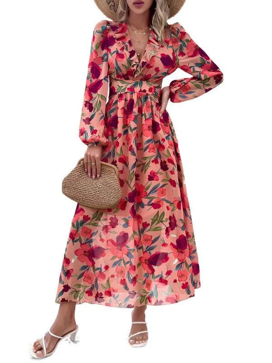 Women Ruffled Waist Printed Summer Dress -Guocali