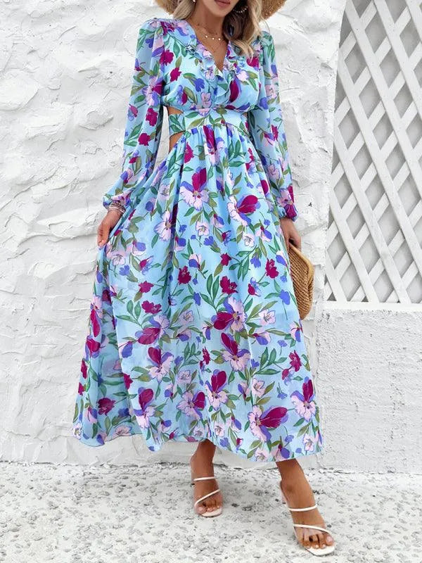 Women Ruffled Waist Printed Summer Dress -Guocali