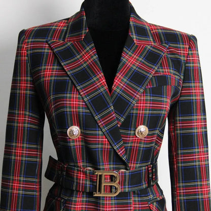 Women's Blazer - Structured - Double Breasted, Belted - Multicolor, Red, Black, Blue, Yellow -Guocali