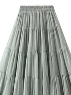 Women's High Waist Pleated Skirt - Elegant Midi Patchwork Mesh Skirt