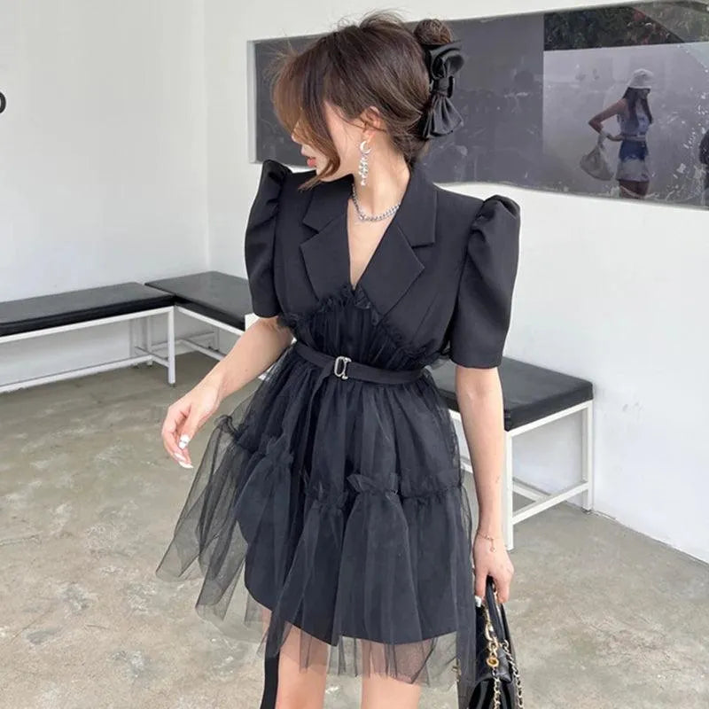 Women’s Notched Puff Sleeve Mesh Dress – Elegant Summer Outfit -Guocali