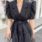 Women’s Notched Puff Sleeve Mesh Dress – Elegant Summer Outfit -Guocali