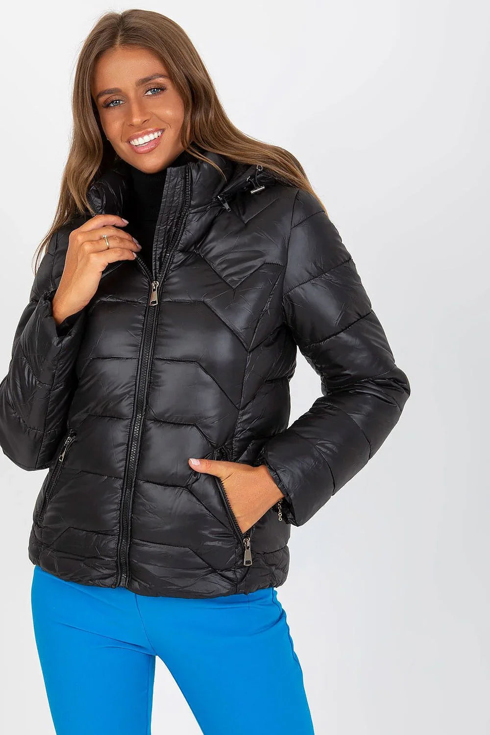 Women's Quilted Jacket - Hooded Casual - Black