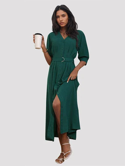 Women's V-Neck Green Dress With Belt -Guocali