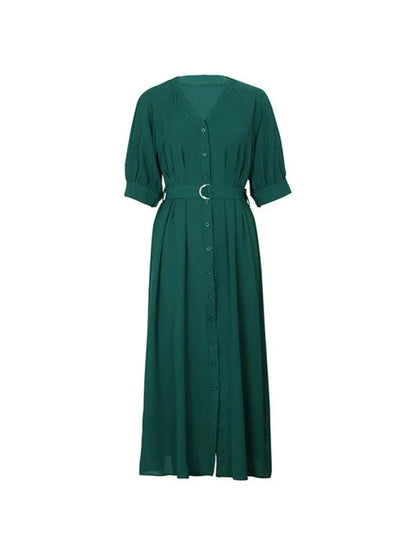 Women's V-Neck Green Dress With Belt -Guocali