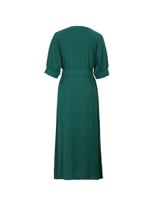 Women's V-Neck Green Dress With Belt -Guocali