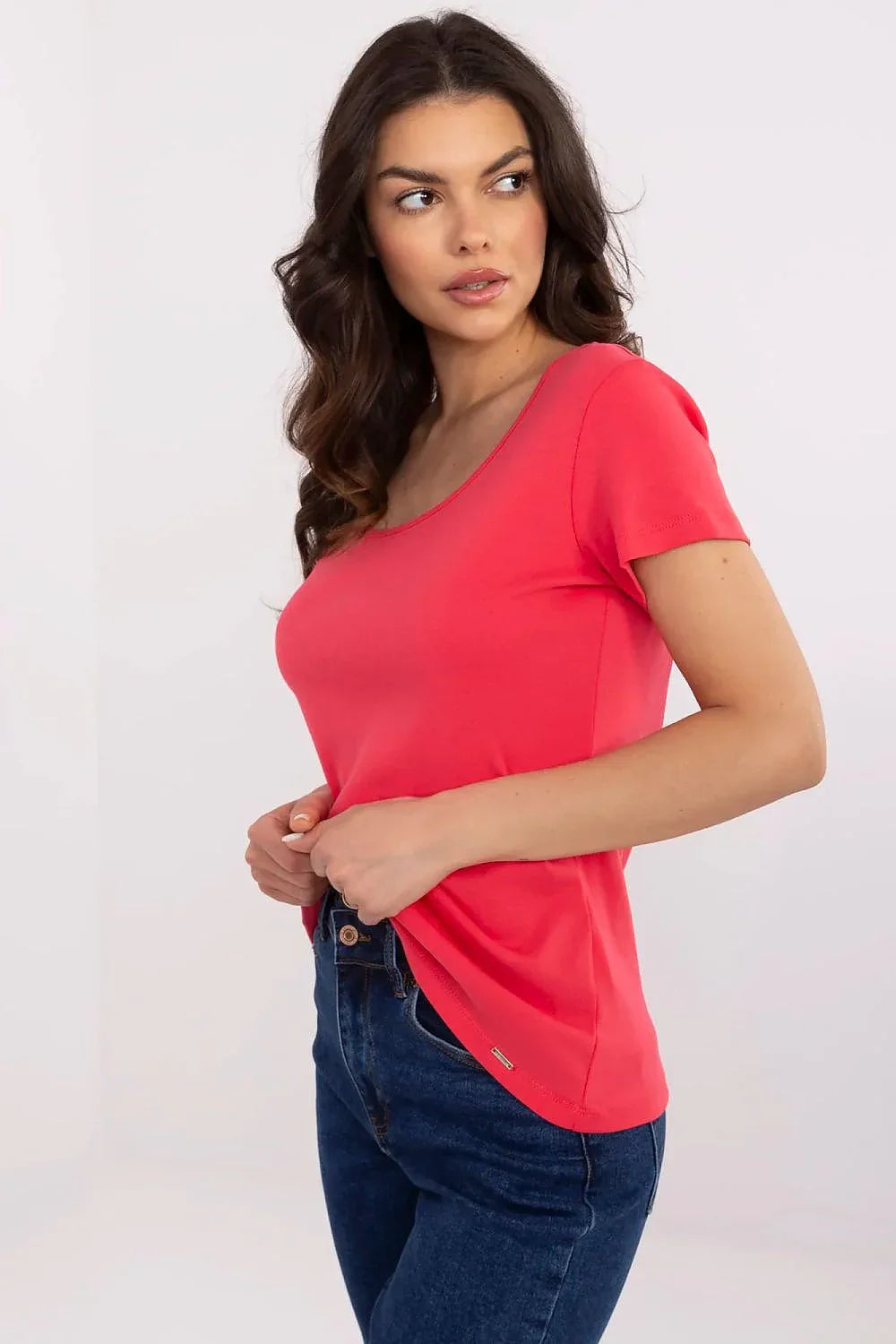 Women Scoop-Neck Short-Sleeves T-Shirt – Stretchable - Pink -Guocali