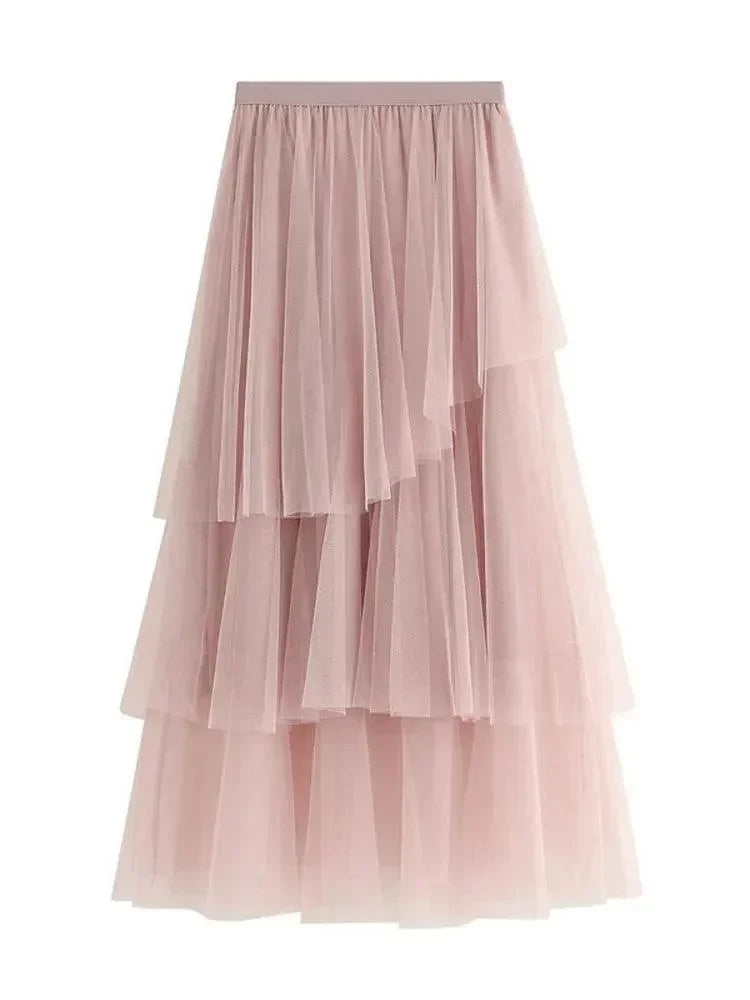Women Tiered Skirt Asymmetric Mesh - High Waist Midi Women Skirt