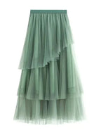Women Tiered Skirt Asymmetric Mesh - High Waist Midi Women Skirt