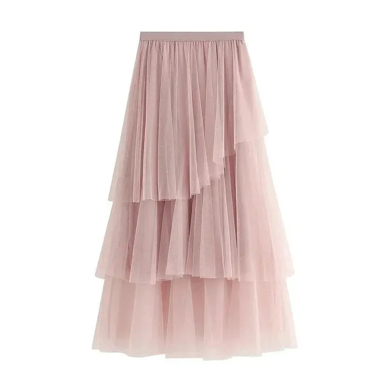 Women Tiered Skirt Asymmetric Mesh - High Waist Midi Women Skirt