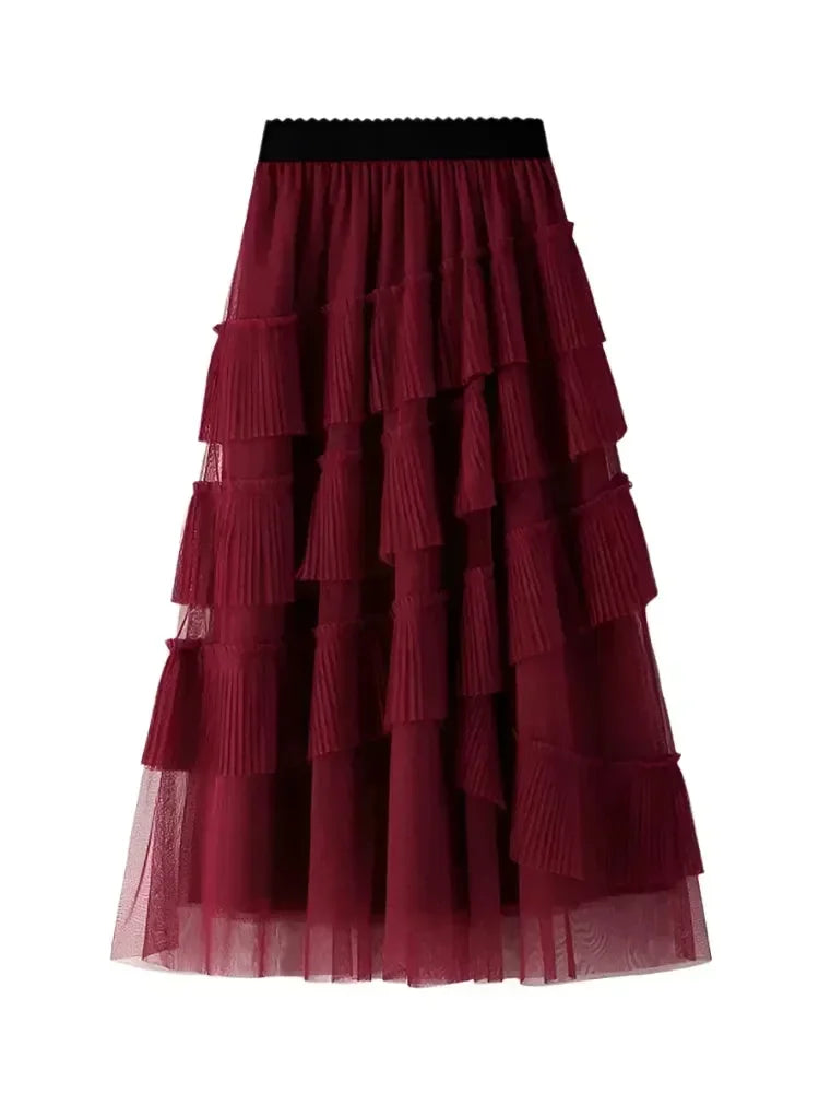 Women Tiered Skirt Vintage Mesh Ruffled - High Waist Midi Women Skirt