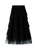 Women Tiered Skirt Vintage Mesh Ruffled - High Waist Midi Women Skirt