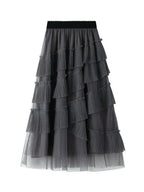 Women Tiered Skirt Vintage Mesh Ruffled - High Waist Midi Women Skirt