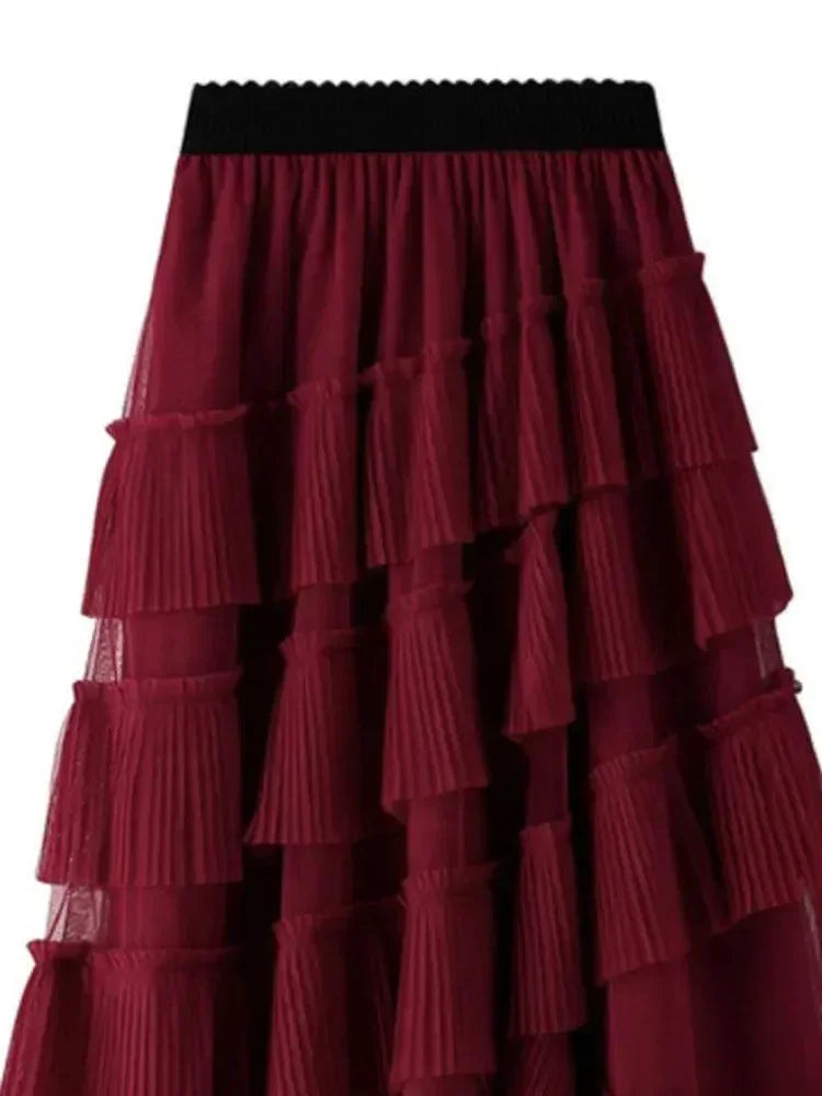 Women Tiered Skirt Vintage Mesh Ruffled - High Waist Midi Women Skirt