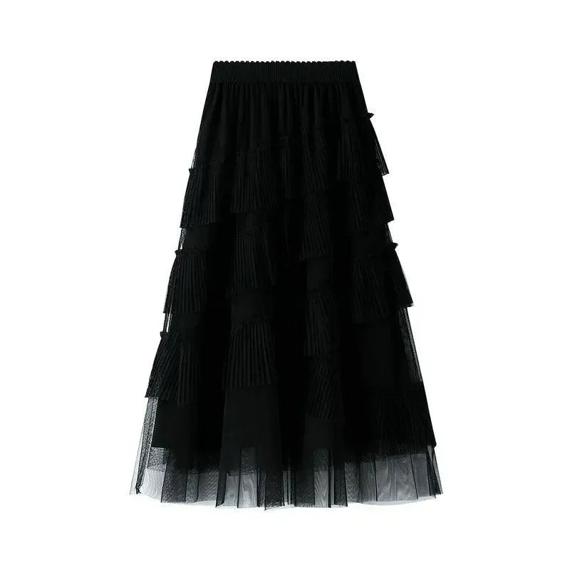 Women Tiered Skirt Vintage Mesh Ruffled - High Waist Midi Women Skirt