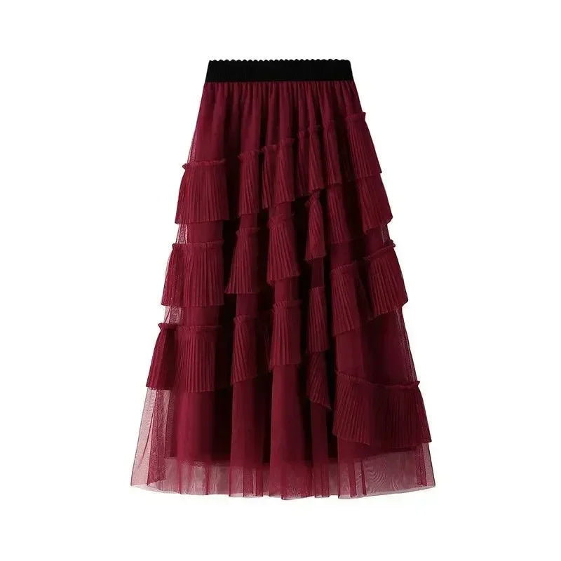 Women Tiered Skirt Vintage Mesh Ruffled - High Waist Midi Women Skirt