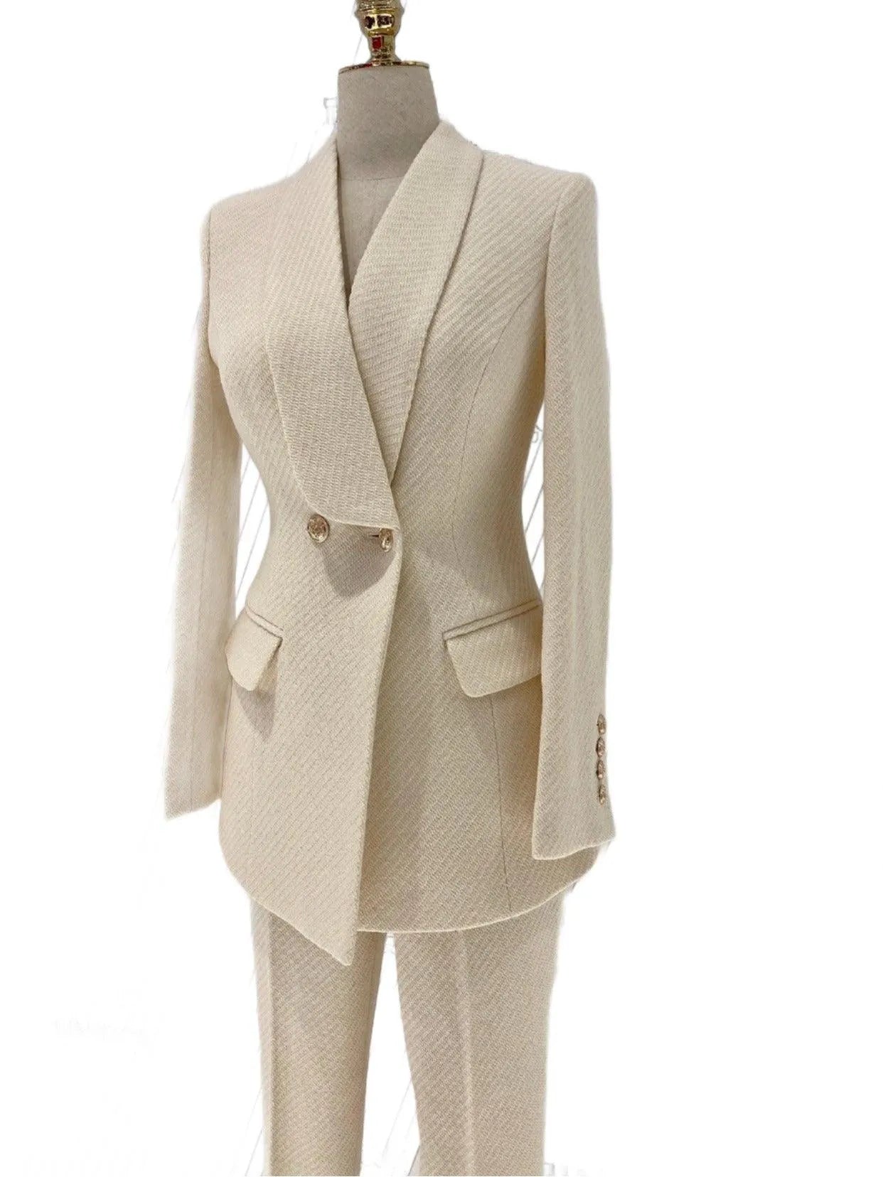 Women Two-Piece Pantsuit - Gold Buttons - Woolen Suit -Guocali