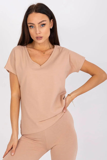 Women V-Neck Short-Sleeves T-Shirt – Stretchable - Beige -Guocali