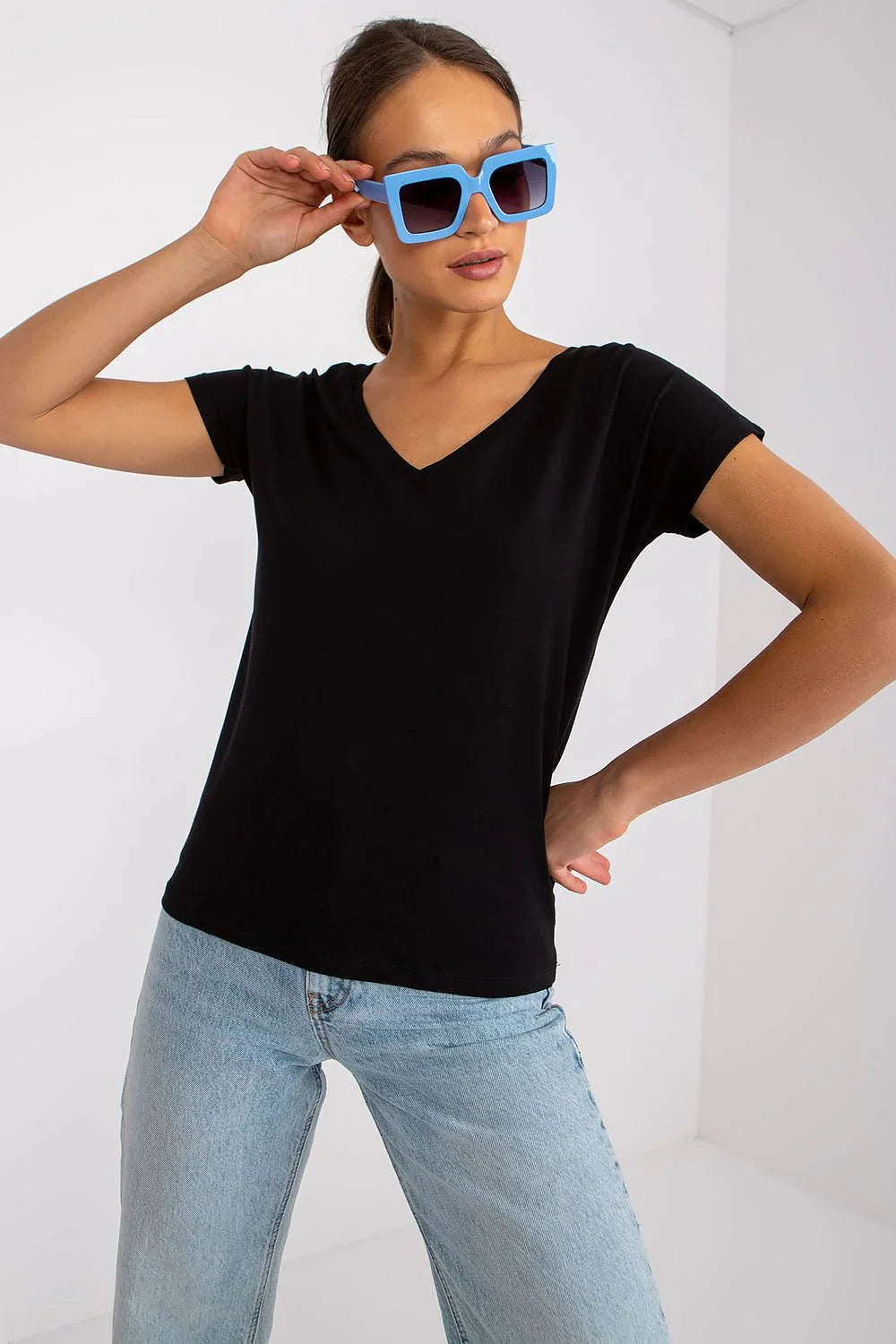 Women V-Neck Short-Sleeves T-Shirt – Stretchable - Black -Guocali