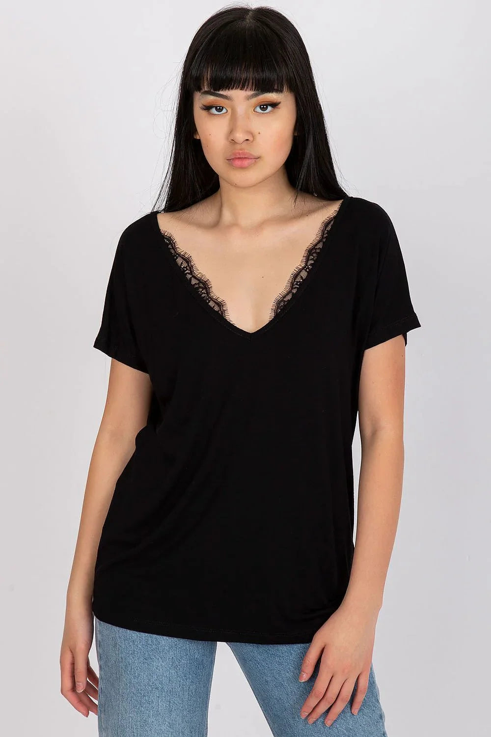 Women V-Neck Short-Sleeves T-Shirt – Stretchable - Black -Guocali