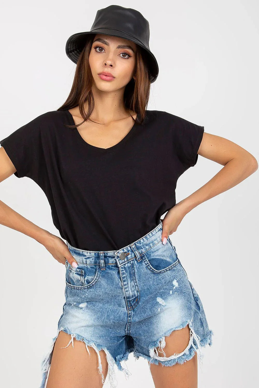 Women V-Neck Short-Sleeves T-Shirt – Stretchable - Black -Guocali