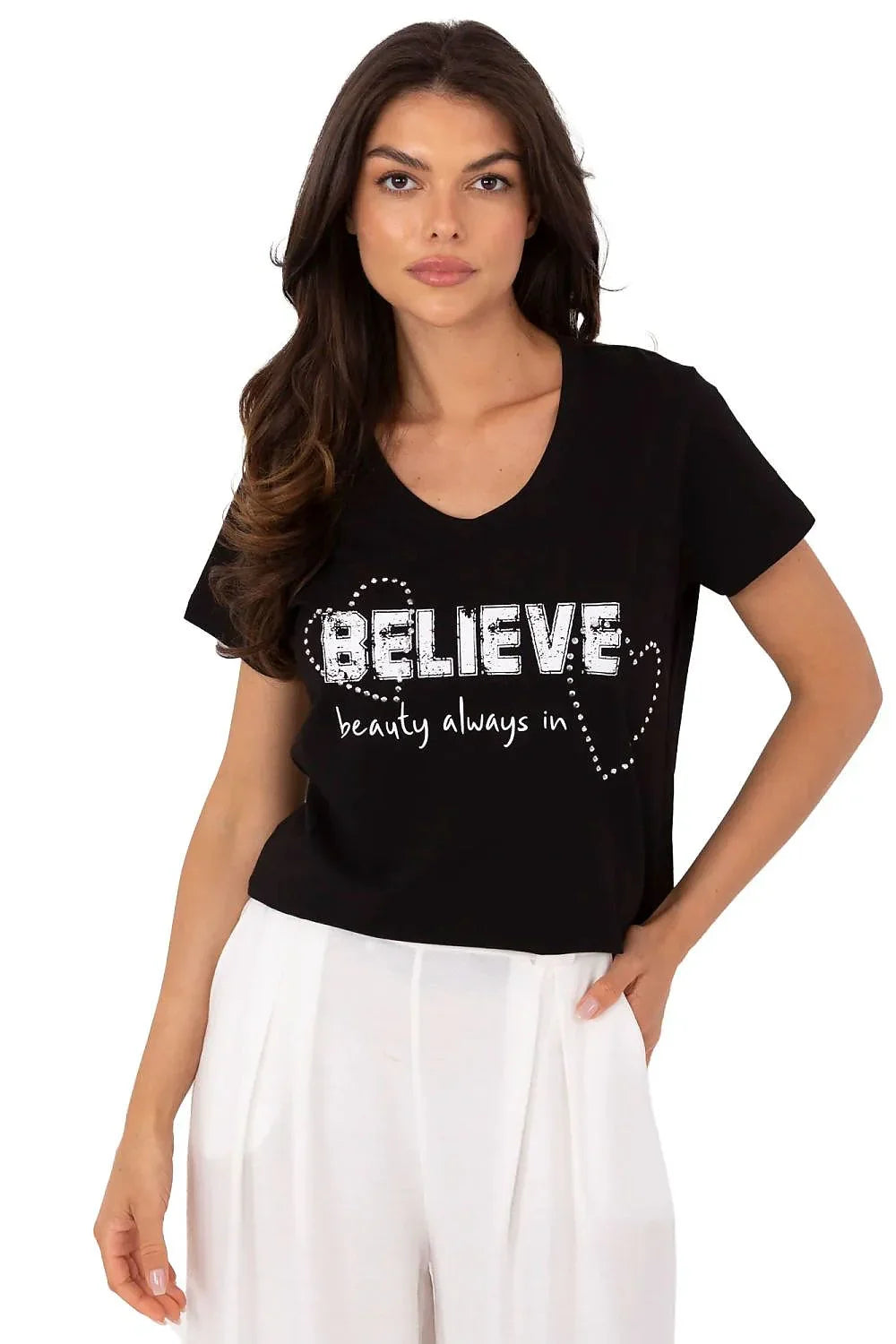 Women V-Neck Short-Sleeves T-Shirt – Stretchable - Black -Guocali