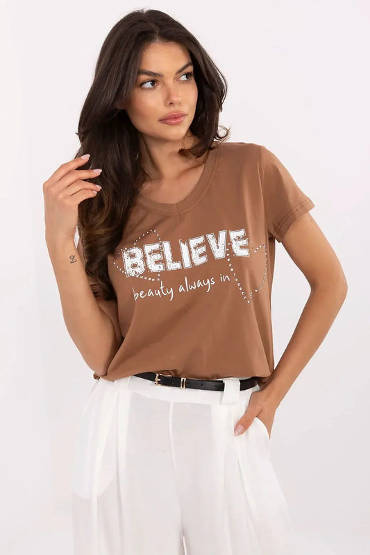 Women V-Neck Short-Sleeves T-Shirt – Stretchable - Brown -Guocali