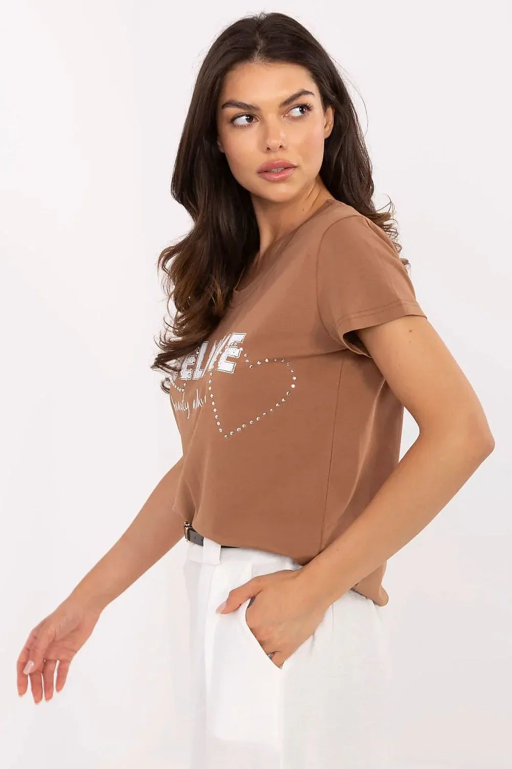 Women V-Neck Short-Sleeves T-Shirt – Stretchable - Brown -Guocali